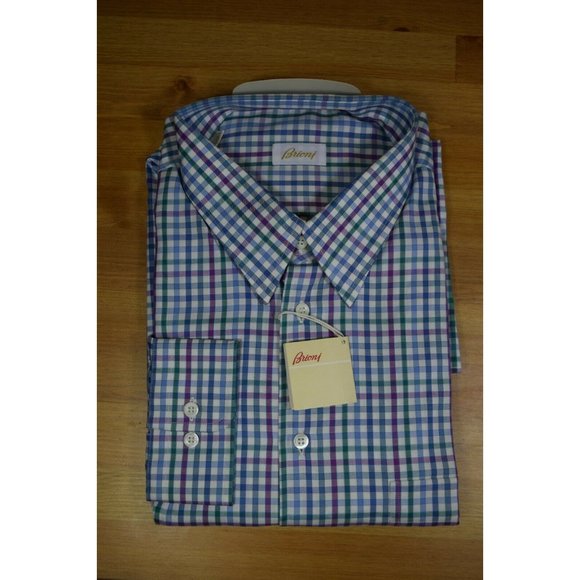 750$ BRIONI MENS Blue PURPLE SPORT SHIRT LONG SLEEVE Gingham Check 2XL ITALY - Picture 2 of 8